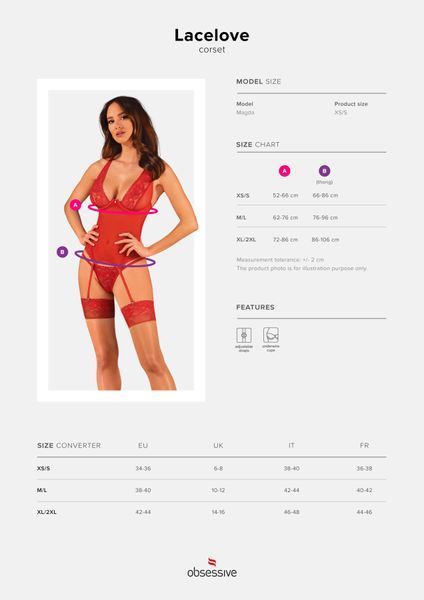 Прозорий корсет Obsessive Lacelove corset XS/S Red, мереживо, підв&rsquo;язки для панчіх SO8649 фото